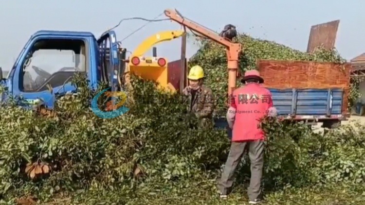 浙江客戶定制小型車載式樹枝粉碎機，樹枝粉碎機直接噴入車廂，方便運輸！